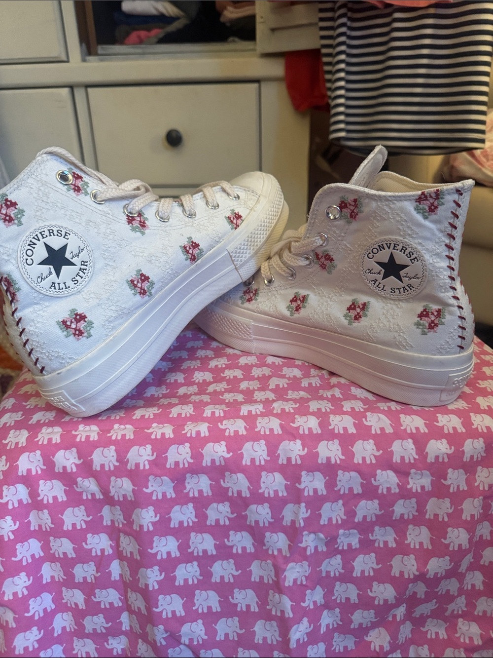 Converse White High-Top Sneakers with Pink Floral Embroidery- Anthro